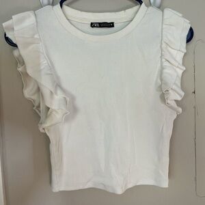 Zara Cream Ruffle-Sleeve Ribbed Tank